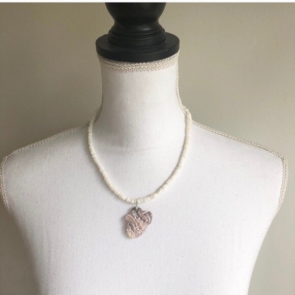 Handmade Necklace White Wire-Wrapped Found Shell Pendant with Puka Shell Beads - Picture 5 of 5